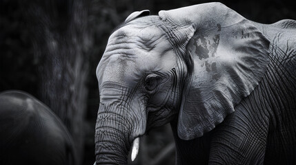 Black and white photo of an elephant, captured in high resolution, showcasing the majestic size and texture of its skin. The background is blurred to emphasize the subject. 