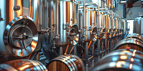 Brewing Excellence: A craft beer brewery with shiny stainless steel tanks, fermenters, and barrels, showcasing the art of brewing and the final product