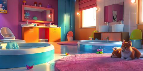 Pet Paradise: A well-appointed pet spa with grooming stations, washing tubs, and toys, pampering furry friends in style