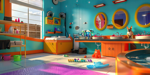 Pet Paradise: A well-appointed pet spa with grooming stations, washing tubs, and toys, pampering furry friends in style