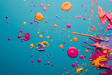 Fototapeta premium vibrant paint splatters symbolize creativity on blue backdrop. generative ai