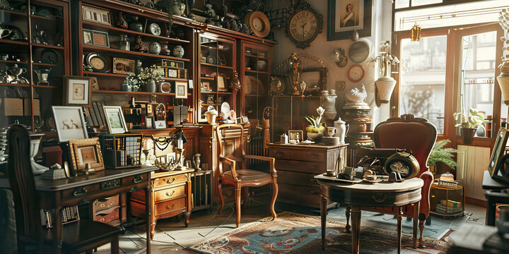 Vintage Charm: An antique shop filled with collectibles, furniture, and knick-knacks, evoking nostalgia and a sense of history