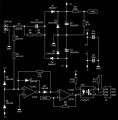 Schematic diagram of electronic device.
Vector technical drawing electrical circuit with 
operational amplifier, transistor, resistor, capacitor,
diode, led, other components 
on paper sheet.