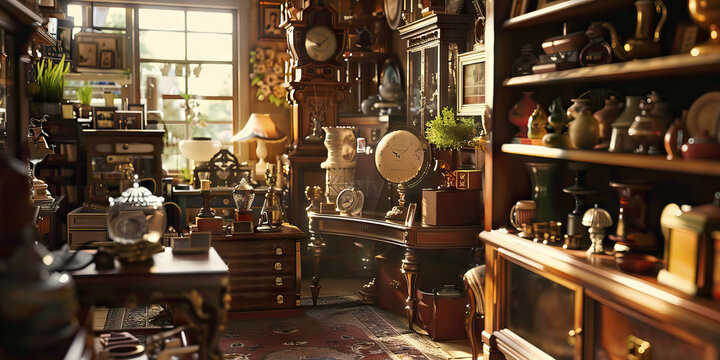 Vintage Charm: An antique shop filled with collectibles, furniture, and knick-knacks, evoking nostalgia and a sense of history