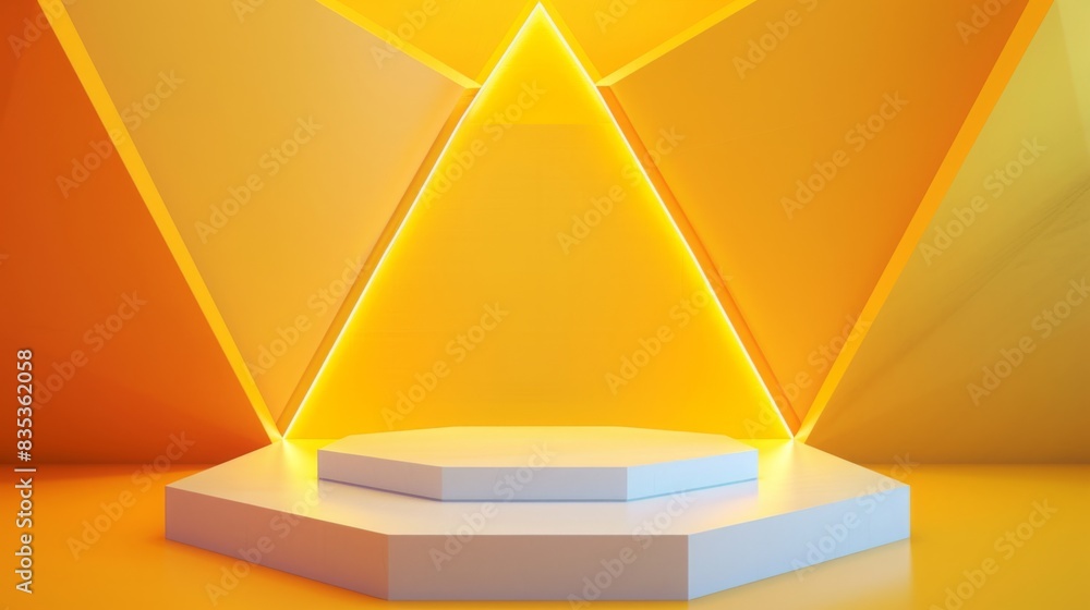 Aufkleber a geometric backdrop featuring vibrant orange and yellow tones illuminates a white hexagonal pedesta