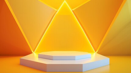A geometric backdrop featuring vibrant orange and yellow tones illuminates a white hexagonal pedestal, creating a striking and modern display at sunset.
