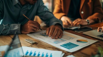 Several individuals are seated around a table, engaged in collaborative work on various documents and papers.