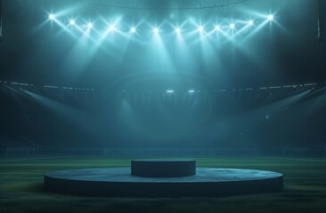 Large round podium on the grass of an outdoor soccer stadium illuminated by spotlights 