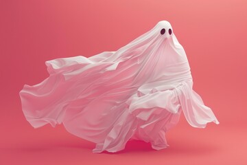 White ghost sheet costume against a pastel soft pink background. Minimal Halloween is a scary concept.