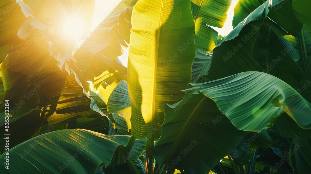 Poster dense cluster of banana leaves with sunlight filtering through them, creating a lens flare effect
