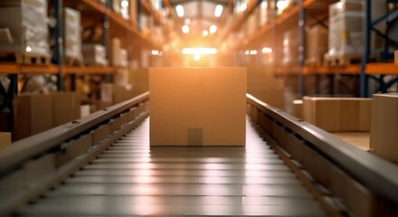 Inside a warehouse a conveyor system moves cardboard boxes filled with products. Concept Warehouse, Conveyor System, Cardboard Boxes, Products, Logistics