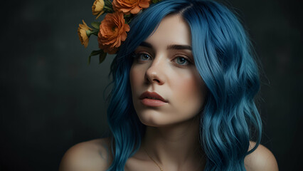 Naklejka premium A portrait of a woman with blue hair and flowers, showcasing a striking blend of vibrant hues and floral elegance, capturing unique beauty.