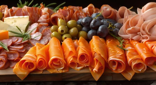 Elegant charcuterie board with prosciutto ham salami cheese olives grapes and more. Concept Charcuterie Presentation, Prosciutto, Salami, Cheese, Olives, Grapes, Grazing Table, Entertaining
