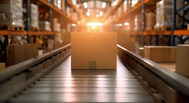Inside a warehouse a conveyor system moves cardboard boxes filled with products. Concept Warehouse, Conveyor System, Cardboard Boxes, Products, Logistics