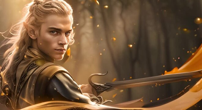 Blonde male Elf warrior brandishes magical sword in mystical forest setting. Concept Fantasy Photoshoot, Elf Warrior, Magical Sword, Mystical Forest, Blonde Male