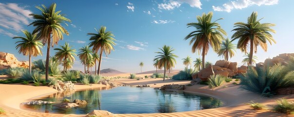 Fototapeta premium A Lush Oasis Offering Tranquil Respite in the Heart of the Desert Vibrant Palms and Serene Pond Providing a Stunning Contrast to the Surrounding Sands