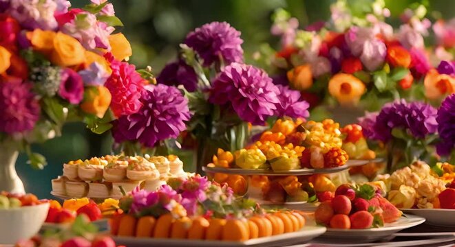 Mothers Day brunch table decorated with bright flowers and gourmet food. Concept Mothers Day, Brunch Table, Bright Flowers, Gourmet Food, Celebration