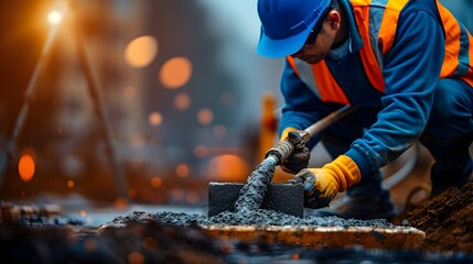 Meticulous Construction Worker Pouring Concrete with Precision into Mold at Vibrant Job Site