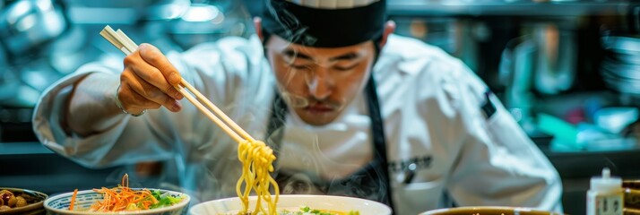 A focused chef expertly prepares a bowl of noodles in a bustling kitchen, showcasing the artistry and precision of culinary craftsmanship.