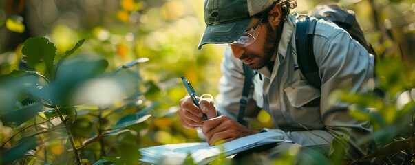 Research scientist in a forest, studying flora and taking notes. Immersed in nature for botanical fieldwork and environmental observation.