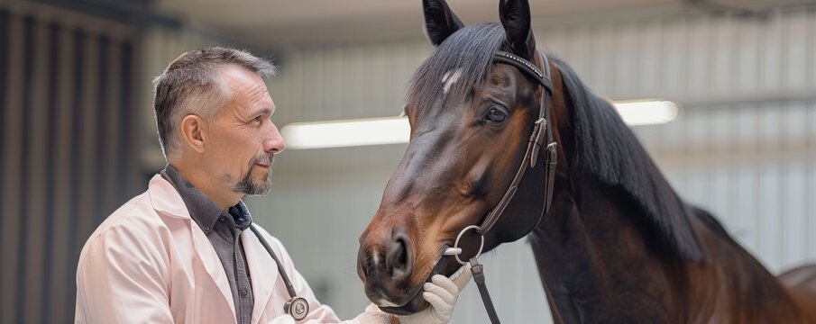 Veterinarian checking the health of a horse in a stable, ensuring the animal's wellbeing during routine examination and care.