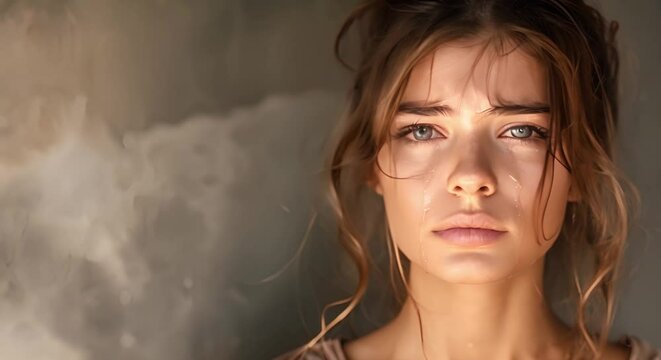 A young woman with a sad expression her face wet with tears. Concept Portrait Photography, Emotions, Crying Woman, Sadness, Tears