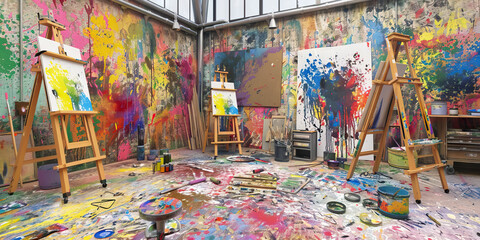 Creative Chaos: A vibrant art studio with paint-covered walls, easels, and various art supplies scattered about