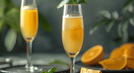 Elevated Brunch Experience: Sophisticated Bellini Cocktail in a Tall Champagne Flute. Concept Sophisticated Cocktails, Elegant Brunch, Bellini Recipe, Champagne Flute Decor