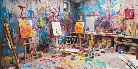 Naklejka premium Creative Chaos: A vibrant art studio with paint-covered walls, easels, and various art supplies scattered about