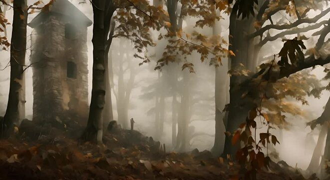 Shadowy Figures Amidst Whispering Leaves: Towering Presence. Concept Mysterious Vignettes, Enigmatic Encounters, Haunting Melodies, Imposing Landscape