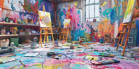Naklejka premium Creative Chaos: A vibrant art studio with paint-covered walls, easels, and various art supplies scattered about