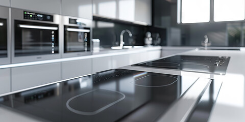 Technological Advancement: A modern, minimalist kitchen with state-of-the-art appliances and sleek countertops