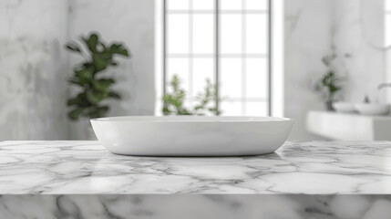 White bathroom interior. Empty marble table top for product display with blurred bathroom interior background