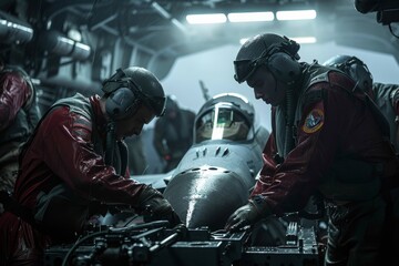 Air force technicians meticulously arming an F-16 jet in the hangar