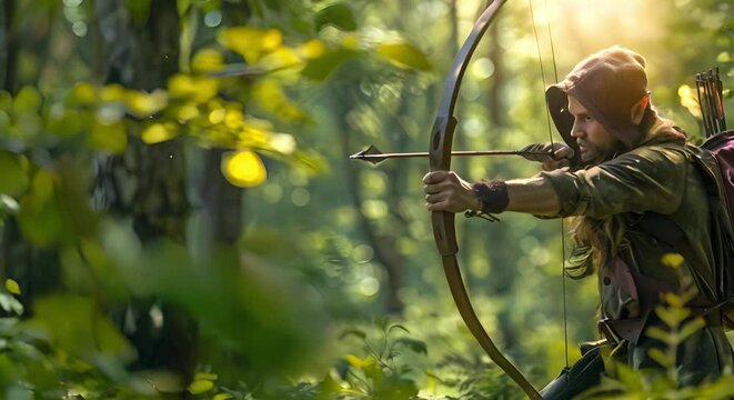 Skilled elf ranger hunts in the forest with bow and arrows, attuned to nature. Concept Fantasy Character, Elf Ranger, Archery Skills, Nature Connection, Forest Setting