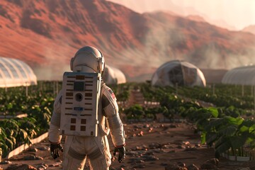 Astronaut standing in front of greenhouses on a rocky mars planet. Space manned mission on red planet. Futuristic exploration and planet colonization concept, adventure. Science fiction
