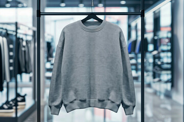 Mockup of grey  cotton sweatshirt on coat rack on  coat rack on luxury retail space background