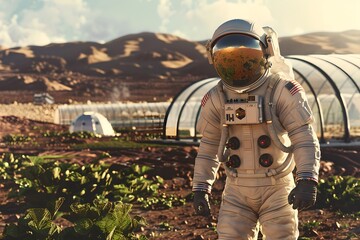 Astronaut standing in front of greenhouses on a rocky mars planet. Space manned mission on red planet. Futuristic exploration and planet colonization concept, adventure. Science fiction