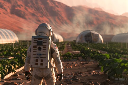 Astronaut standing in front of greenhouses on a rocky mars planet. Space manned mission on red planet. Futuristic exploration and planet colonization concept, adventure. Science fiction - Powered by Adobe