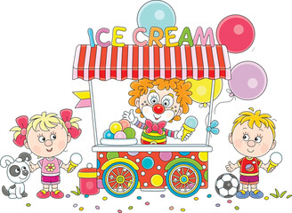 Happy little children, a colorful street ice-cream cart with holiday balloons and a merry circus clown vendor friendly smiling and waving in greeting, vector cartoon illustration on white