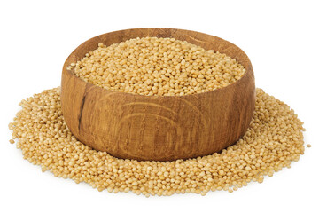 Amaranth grain seeds in wooden bowl isolated on white background