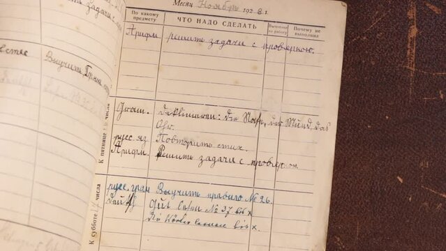 Page turning of school diary of soviet schoolboy, USSR 1928-1929