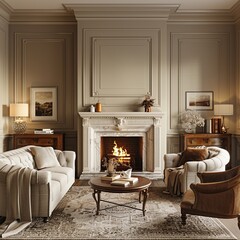 Experience the cozy charm of a classic American living room complete with a coffered ceiling, a traditional mantel adorned with family photos, and a comfortable leather recliner