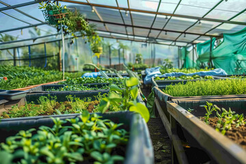 Modern greenhouse facility with rows of hydroponic or aquaponic systems, producing fresh herbs, vegetables, and flowers year-round