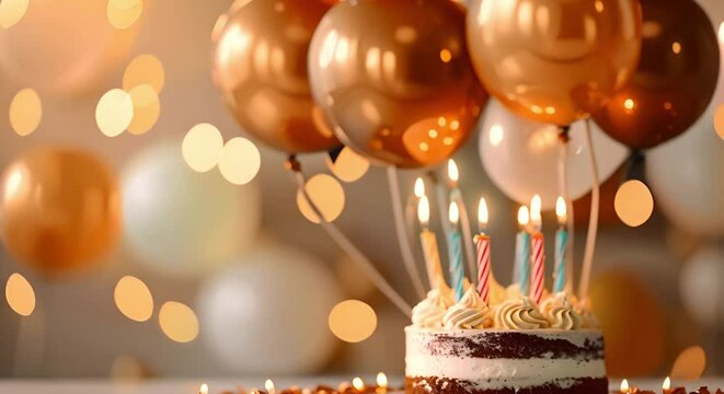 Vibrant birthday party scene with colorful balloons cake and candles. Concept Birthday Celebration, Colorful Decor, Balloon Decorations, Cake Smash, Candlelight Theme