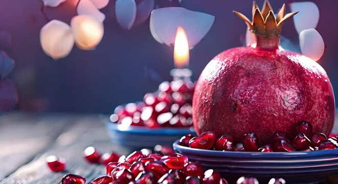 Symbolic Jewish New Year Significance of Nutrient-Rich Pomegranate Seeds. Concept Jewish New Year, Symbolic, Pomegranate Seeds, Nutrient-Rich, Significance