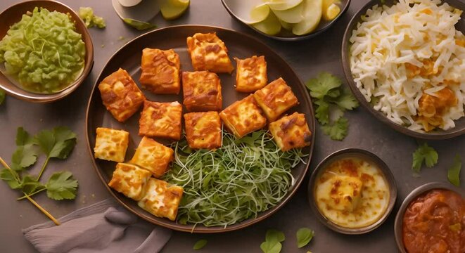 Overhead view of Shahi paneer Butter Paneer and cumin rice. Concept Food Photography, Indian Cuisine, Overhead Shots, Spicy Dishes