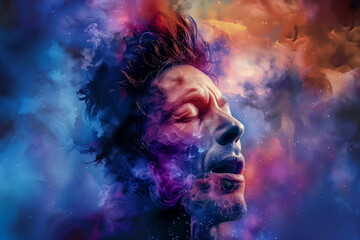 Musician performing on stage with holographic effects, projecting dynamic visuals and enhancing the live concert experience for the audience