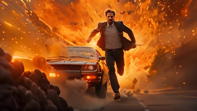 Action shot with man running away from explosion on car. Dynamic scene with fire in action movie blockbuster style