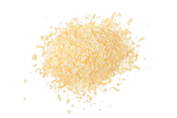 grated parmesan cheese isolated on white background. Top view. Flat lay.